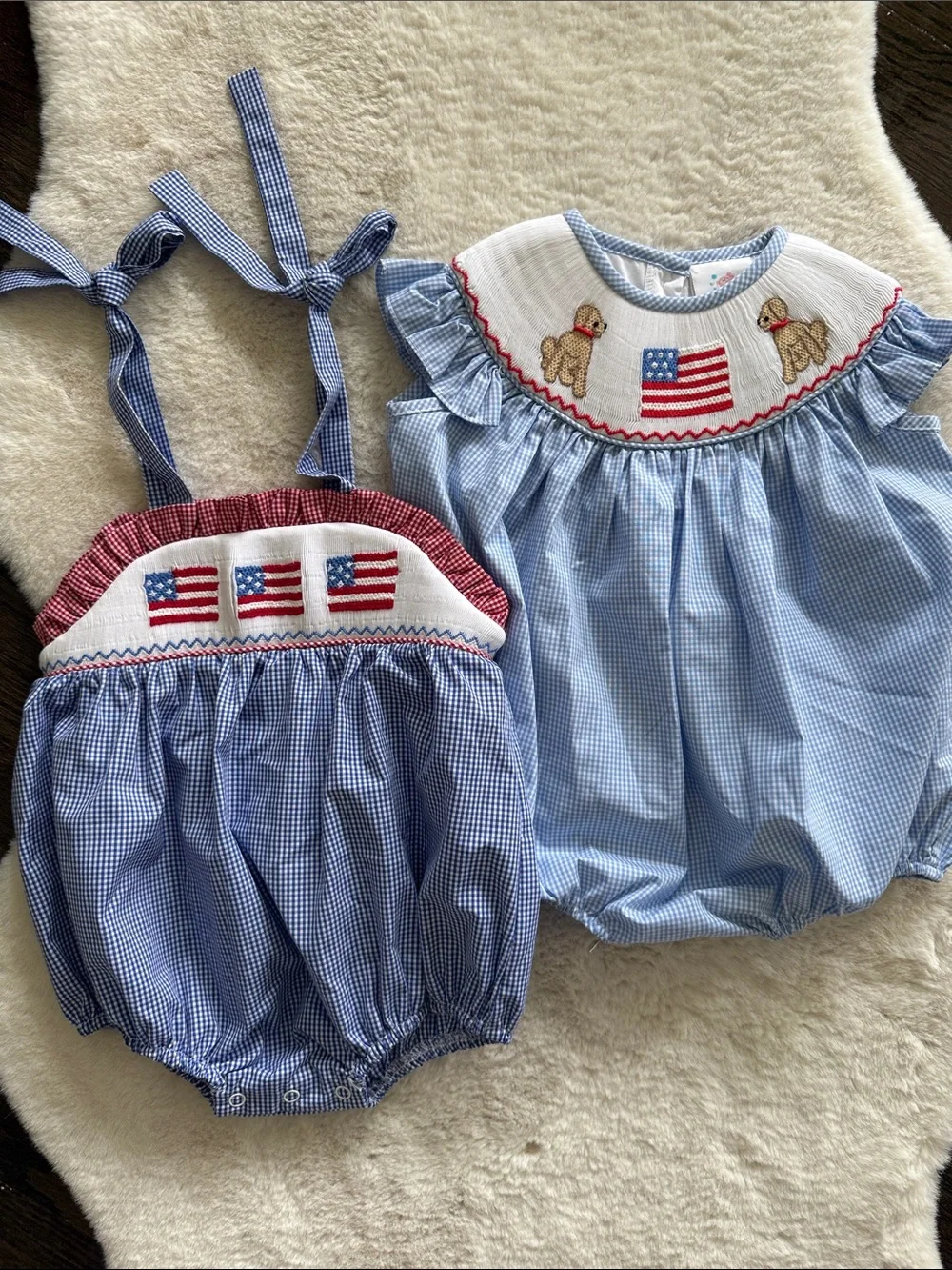 Sticky Fish USA Flag Smocked Blue Gingham Bubble Rompers Set - Size 9 months